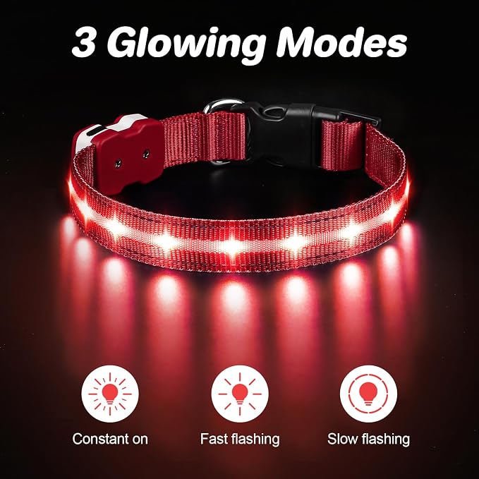 PcEoTllar Light Up Dog Collar, Glow in The Dark for Night Walking, Red, S | Led Dog Collar for Night Walking, 3 Flashing Mode, USB Charge, For Small Medium Large Dogs, Waterproof, Durable Material - Image 2