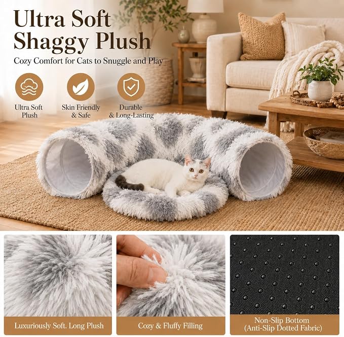 Warm Fluffy Plush Cat Tunnel Bed with Washable Cushion- Big Tube Playground Toys 3 FT Diameter Collapsible, for Indoor Cat Kitty Kitten Puppy Rabbit Ferret Gray-White Diamond Pattern - Image 3