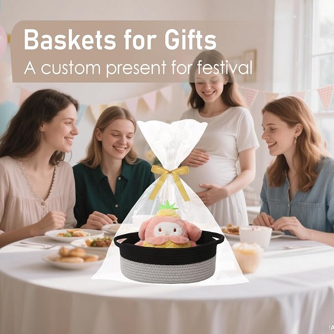 JMvicyroam Small Woven Basket, Empty Gift Basket, Black&Grey/1 Pack | Small Gift Basket, Cotton Rope, 12 x 8 x 78 in, Handles, Includes Ribbon and Bag, Birthday Gift Basket - Image 4