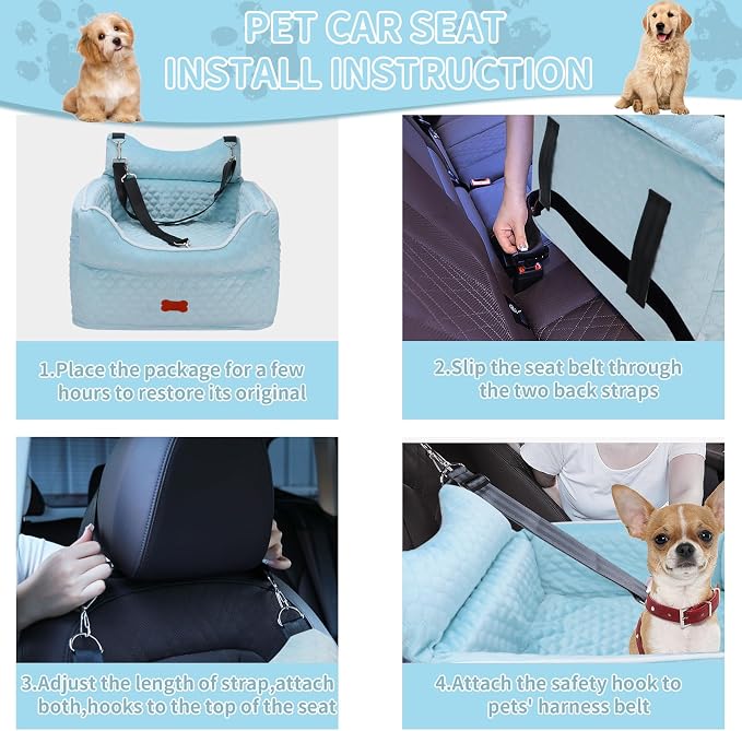 Dog Car Seat for Small Dogs Up to 25 lbs with 6-Inch Memory Foam Cushion | Elevated Booster Seat with Safety Belts, Storage Pockets and Removable Washable Cover for Front or Back Seats, Blue - Image 5