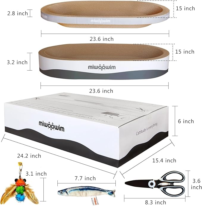 miwoowim 23.6" Extra Large Cat Scratcher Bed & Box Set, Oval Lounge Bowl | Includes 2 Oval Shape Beds & 1 Box with corrugated cardboard Scratch pad. Perfect for big cats and multi-cat households. - Image 2