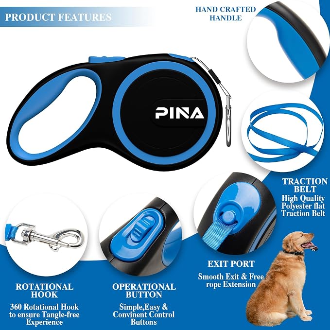 PINA Retractable Dog Leash, 26ft Dog Leash for Small Medium Large Dogs Up to 110lbs, 360° Tangle-Free Strong Reflective Nylon Tape, with Anti-Slip Handle, One-Handed Brake, Lock - Black Blue - Image 2