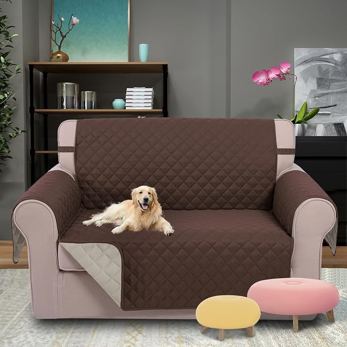 U-NICE HOME Loveseat Sofa Cover for 2 Cushion Couch, Coffee/Beige | 54''Oversized Loveseat Cover Washable, Pet Friendly, Elastic Straps, Water Repellent, Furniture Protector for 2 Cushion - Image 2