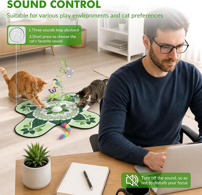 Wortade 3in1 Interactive Hide-and-Seek Cat Toy, Rotating, Green | Moving Concealed Wand Feather,Automatic Fluttering Butterfly,Cat Stimulation,Touch Activated,Mouse Squeaky,1800mAh Battery - Image 5