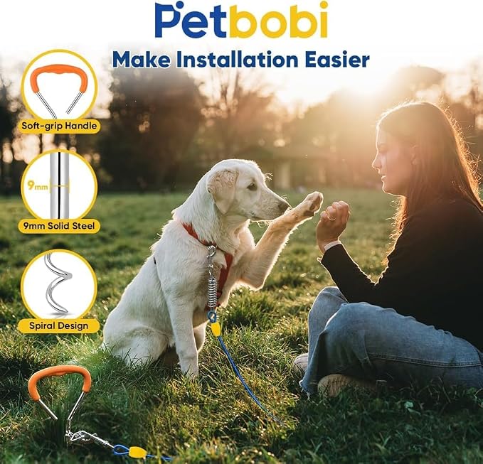 Petbobi Dog Tie Out Cable and Stake, 30ft Heavy Duty Dog Leads for Yard | 4in Shock Spring, 16in Spiral Ground Anchor, 360° No-Tangle Swivel, Chew-Proof Rustproof Wire, Up to 120 lbs, Outdoor Camping - Image 3