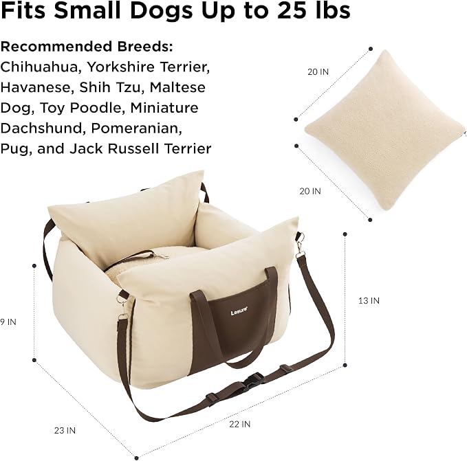 Lesure Dog Car Seat for Small Dogs,Booster Car Bed for Puppy Under 25lbs | Soft Pet Carseat with Clip-On Safety Leash and Thickened Memory Foam Filling,Dog Travel Carrier Bed with Storage Pocket,Beige - Image 6