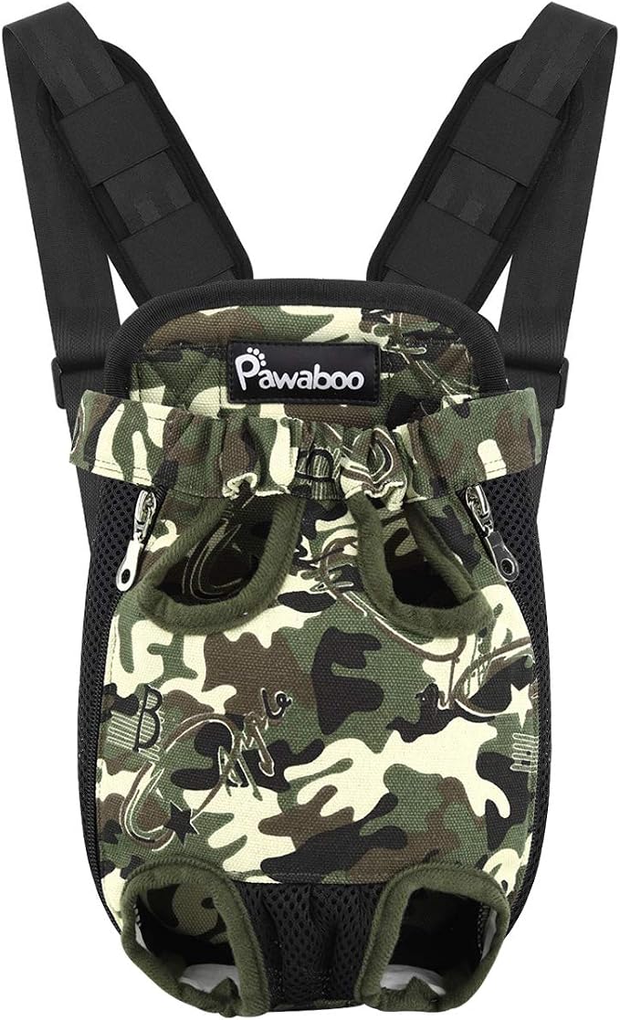 Pawaboo Pet Front Carrier Backpack for Small Medium Dogs | Legs Out Easy-fit,Adjustable Straps,Hands-Free,Soft Padded Support for Travel Hiking Cycling Camping,Camouflage,M by Pawaboo
