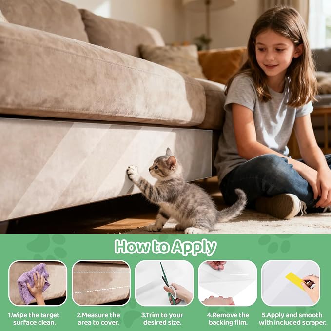 Cat and Dog Scratch Furniture Protector, 160" x 12.4" Transparent Self-Adhesive Cat Scratch Protector, Couch Corner Door Wall Bed Anti-Scratch Guard with Scraper - Image 6