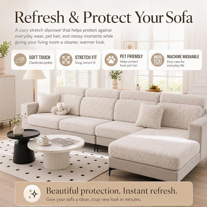 Stretch Sofa Slipcover, 2026 Upgraded Non Slip Couch Cover with Adjustable Straps, Pet Dog Cat Friendly Furniture Protector for 3 Seater, Washable for Living Room - Image 4