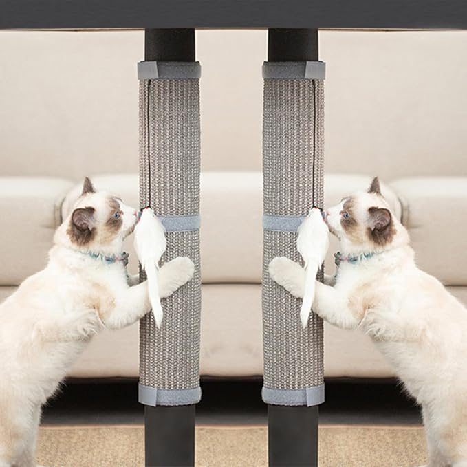 JanYoo 2 Pieces Cat Scratcher Cat Furniture Table Leg Protectors Sisal Cat Scratching Pad Mat Protecting with Hanging Toy(Grey) by JanYoo