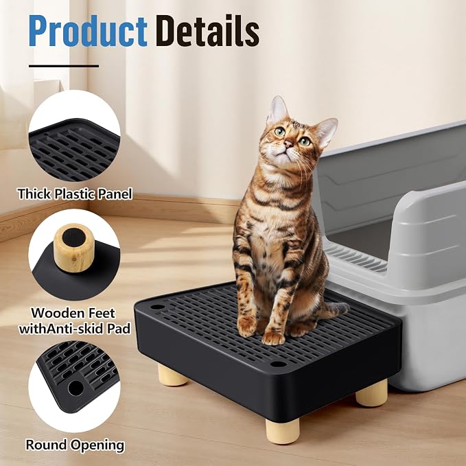 Extra Large Cat Litter Box Step Ramp, Cat's Litter Catcher Mat with Wooden Feet, Filter Function, Pedal Stool for Self-Cleaning Cat Litter Box, Ideal for Kitten & Elderly Cats (Black) - Image 4