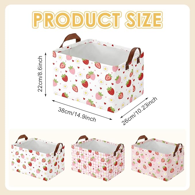 Britimes Strawberry Storage Baskets for Gifts, Toy Storage Bins Box, 3 Pcs | Cute Strawberry Canvas Collapsible Baskets Organizer with Handles Pink Nursery Decor Laundry Basket for Shelves Closet - Image 3