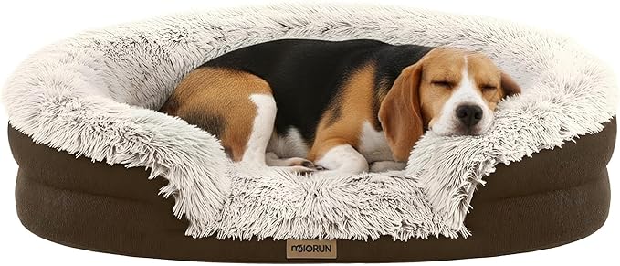 Miorun Fluffy Orthopedic Dog Beds Large Sized Dog, 36" Bolster Sofa Bed | Soft plush faux fur,lowered entry,washable cover,waterproof liner,claming dog couch for x-large dogs,supportive bolster by Miorun