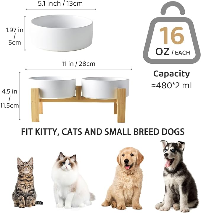 Elevated Ceramic Dog Bowl Set - Raised Dog Bowls with Non Slip Bamboo Stand, Food and Water Bowl Set for Kitty, Cats and Toy Breed Dogs, Pet Bowls, Weighted Dogs Dishes (5.1'', 2*16OZ, White) - Image 3