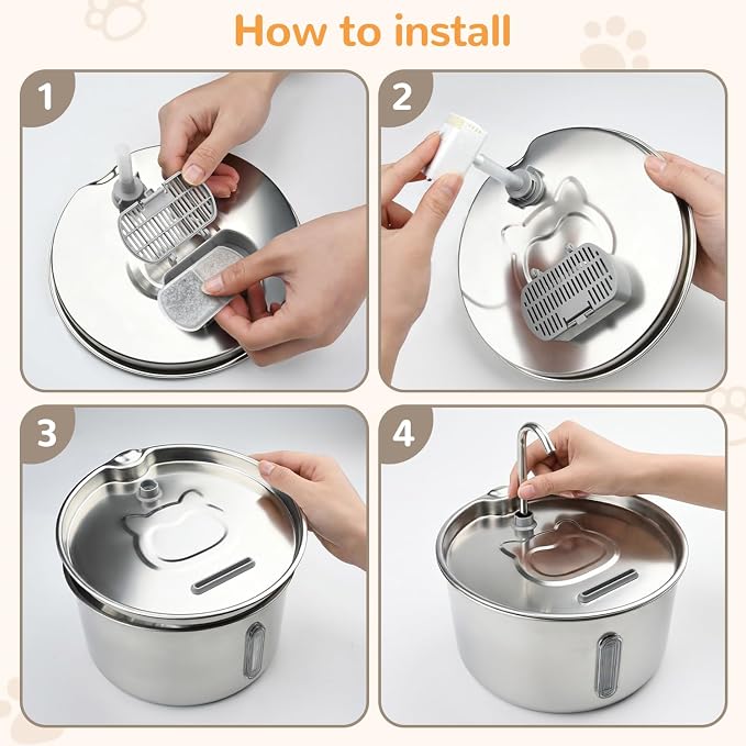 Stainless Steel Cat Water Fountain, 135oz/4L, 12 Filters | Automatic Pet Water Dispenser with Ultra-Quiet Adjustable Pump and 3 Flow Modes for Cats, Dogs, Multi-Pet Homes - Image 9