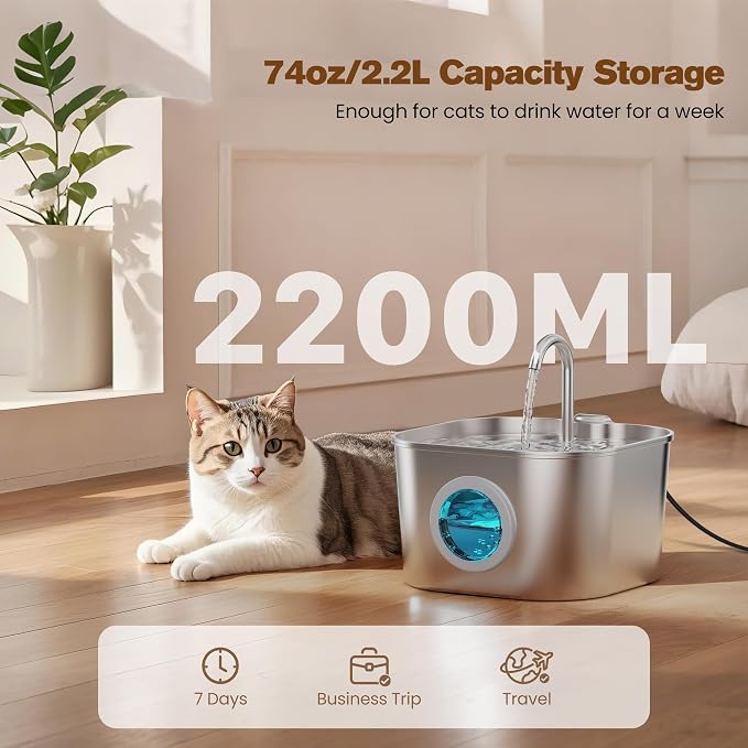 Cat Water Fountain Stainless Steel: Pet Fountains with 10 Filters + 10 Sponges 2.2L Cats Automatic Waterer Bowls for Drinking Small Dog Water Dispenser Indoor HOOISE Metal Kitty Watering Silent - Image 7