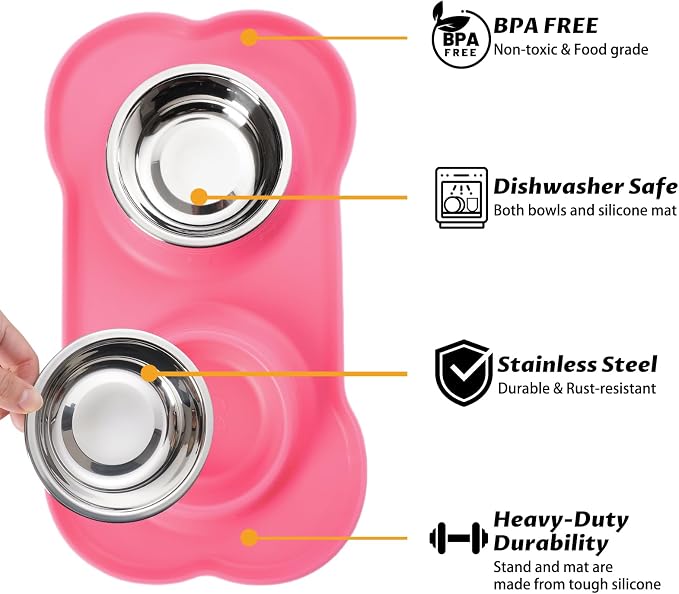 Hubulk Pet Dog Bowls 2 Stainless Steel Dog Bowl with No Spill Non-Skid Silicone Mat + Pet Food Scoop Water and Food Feeder Bowls for Feeding Small Medium Large Dogs Cats Puppies (M, Pink) - Image 2