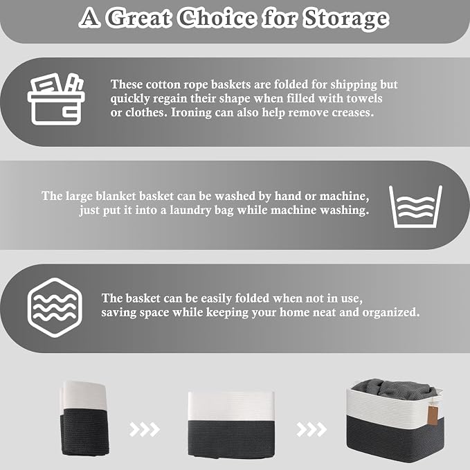 Goodpick 50L Large Woven Rope Storage Basket, Rectangle, Dark Gray | 18" × 14" × 12" Decorative Gift Basket for Living Room & Nursery Organization, Fits Blanket & Toy Storage, Writable Label - Image 7
