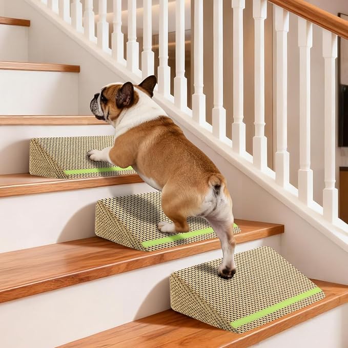 JoyBlooms Upgraded Dog Ramp for Stairs, Dog Stairs for Small Dogs (Corgi & Dachshund), 40D Foam Non-Slip, 30° Slope with Glow Strip, 13.8"x10.2"x5.9", Brown-3pcs by Home