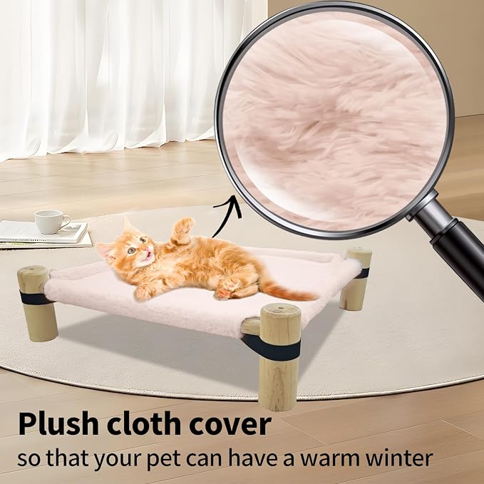 Pozico Cat Hammock Bed – Wooden Elevated Cat/Dog Bed with Fluffy Winter Fabric – Raised Pet Cot Furniture for Small Dogs, Cats & Small Animals – Warm Plush Indoor Lounger – Portable & Washable – Pink - Image 2