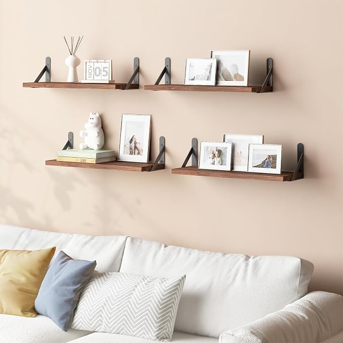 YGEOMER 16.5in Floating Shelves for Wall, Dark Carbonized Pine Set of 6 | Rustic wood shelves with metal brackets. Space-saving for books & decor. Works in bathroom, kitchen, living room & bedroom. - Image 5