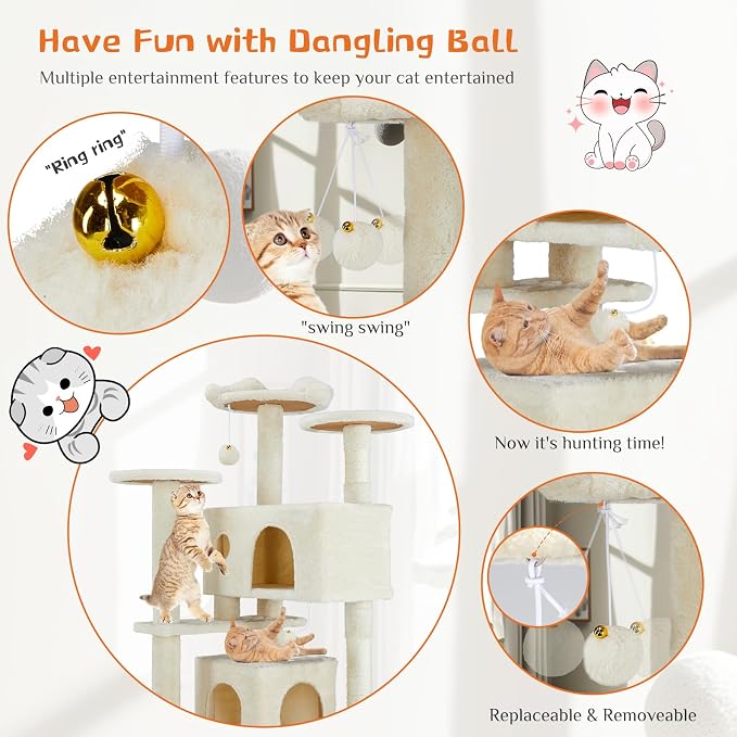 Sweetcrispy 54-inch Cat Tree Tower with Scratching Posts, Indoor Use | Multi-Level Indoor Cat Tree Condo with Climbing Ladder, Plush Toy, Play House for Kitten, Beige - Image 2
