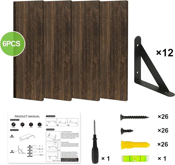 YGEOMER 23.6in Floating Shelves for Wall Home Decor, Wood, Brown, Set of 6 | Rustic wood shelves with metal brackets. Space-saving for books & decor. Works in bathroom, kitchen, living room & bedroom. - Image 7