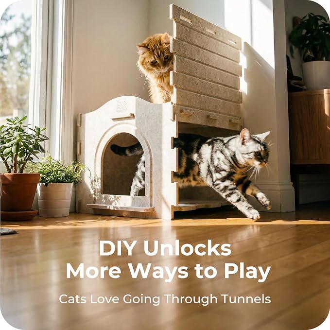 Cat Bed Cave for Indoor Cats: New Felt Cat Bed with Fluffy Ball Hanging, Foldable Cat House with Scratch-Resistant Board, Hideaway Cat Cave for Timid Cats, Sturdy Two-Tier Cat Condo - Gray - Image 7