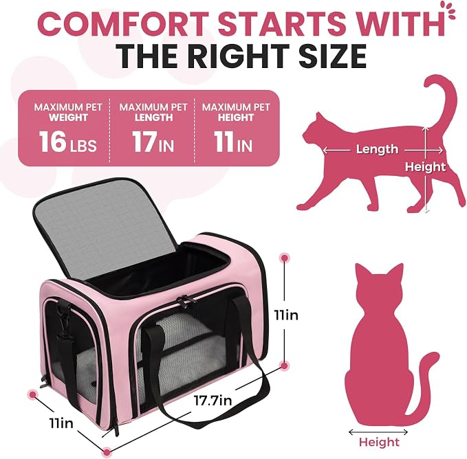 Soft-Sided Cat Carrier 18x11x11 in Expandable Travel Pet Bag 15LBS | For Cats and Small Dogs with Anti-Scratch Mesh Washable Mat Collapsible Escape-Proof Airline Approved with Shoulder Strap - Image 2