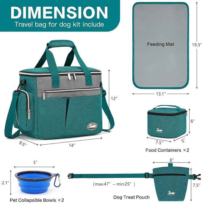 Dog Travel Bag for Pet Kit for Supplies with 2 Food Storage Containers 2 Collapsible Bowls 1 Feeding Mat 1 Dog Treat Pouch 7-Piece Set Perfect Road Trips Camping Weekend (Teal) - Image 6