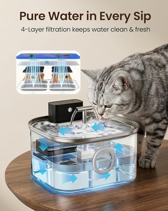 Cordless Cat Water Fountain Stainless Steel,3.2L/108oz Rechargeable | Wireless Battery Operation, Motion Sensor, Automatic Water Flow, Quiet Pump, Includes 4 Replacement Filters - Image 5