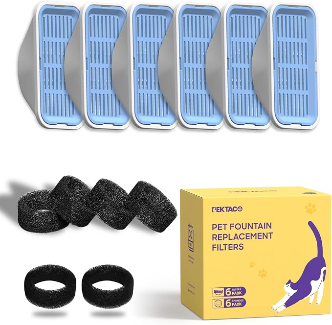 PEKTACO Cat Water Fountain Replacement Filters for 3.2L/108oz, 6 Pack | Pre-filter sponges, activated carbon, ion exchange resin, non-woven fabric, captures hair and debris, reduces odors and dirt - Image 7