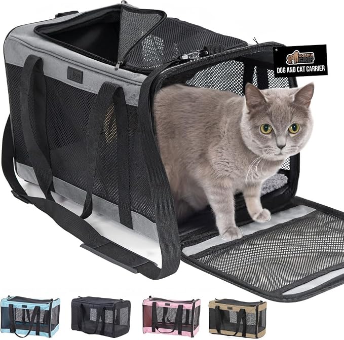 GORILLA GRIP Cat Carrier Travel Bag Up to 15 Lbs, Soft Collapsible Small Dog Carriers, Top and Side Entry Breathable Mesh, Grip Feet on Underside, Cozy Washable Waterproof Pad, Portable Kennel, Gray by Unknown