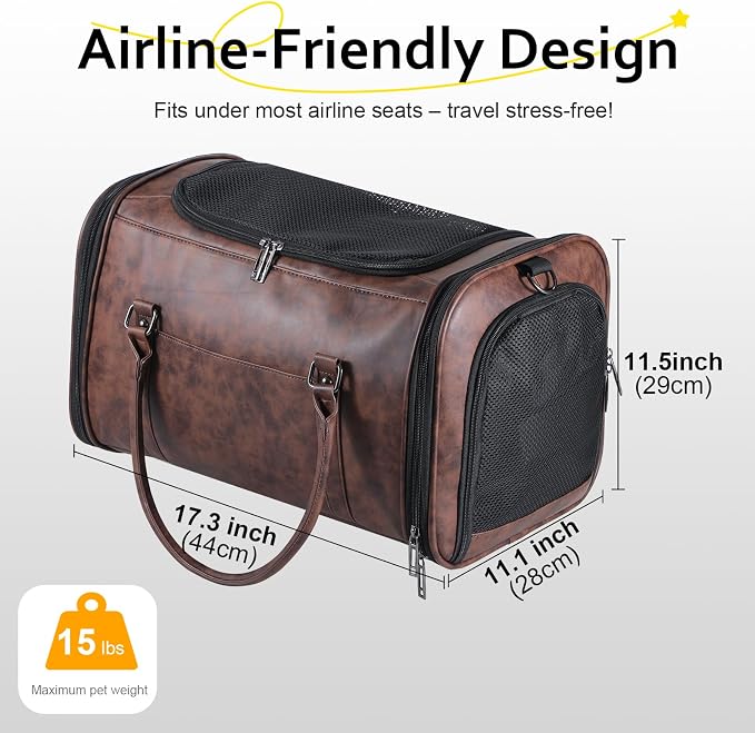 Stylish Leather Pet Carrier for Small Dogs and Cats Up to 15 lbs, Airline Approved Lightweight Travel Tote with Breathable Mesh and Shoulder Strap Coffee - Image 2