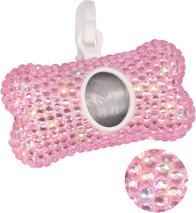 Soleebee Bling Crystal Bone Shaped Pet Waste Bag Dispenser with 1 Roll Waste Bags (Pink) - Image 5