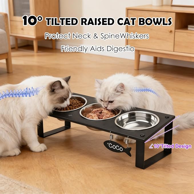 3 in 1 Elevated Cat Bowls with Splash proof Mat for Kittens, Puppies, Multi-pet Households, 10° Tilted Raised Cat Bowls Anti-Vomiting, 3 Wide Shallow Stainless Steel Bowls, Whisker Friendly, 3.5" Tall - Image 2