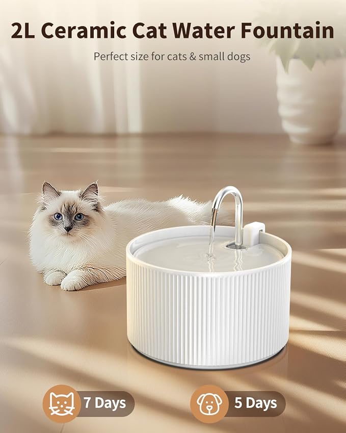 Wonder Creature Ceramic Cat Water Fountain 2.2L/74oz (White) | Quiet Pet Fountain with BPA-Free Ceramic Material, Triple Filtration System, Easy Cleaning Design for Cats and Dogs - Image 2