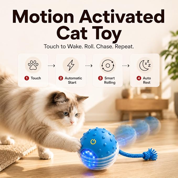 Interactive Rolling Cat Ball, Motion Activated Automatic Cat Toy | Smart Play, High Power, Anti-Stuck Rolling, Carpet & Hardwood, Chirping Sound, USB-C Rechargeable, 3 Modes, Durable - Image 5