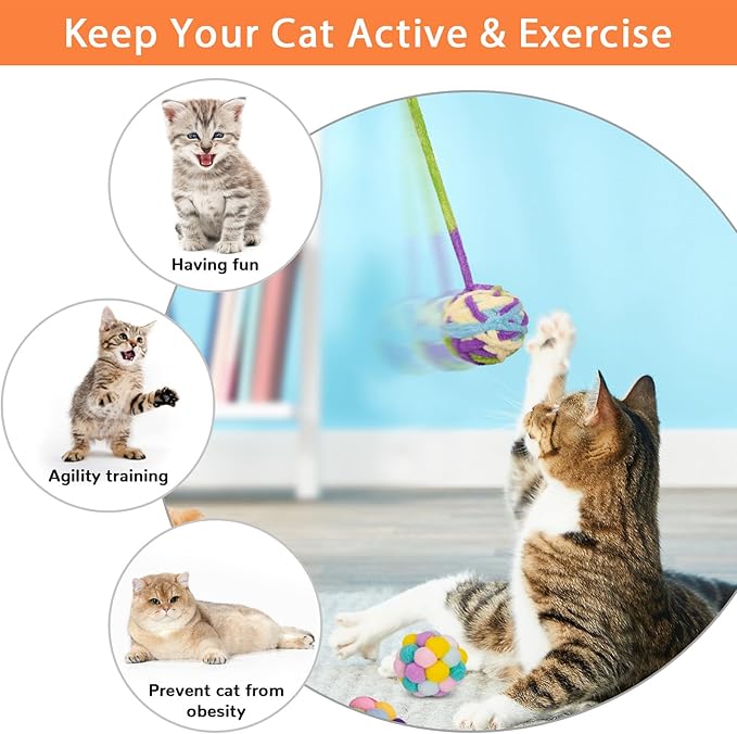 Retro Shaw Cat Toys Balls with Bells Inside, Kitten Toys Pack 6Pcs | Woolen Yarn Cat Balls, Soft Pompom Jingle Ball with String, Interactive Kitty Nip Toys for Indoor Cats - Image 4