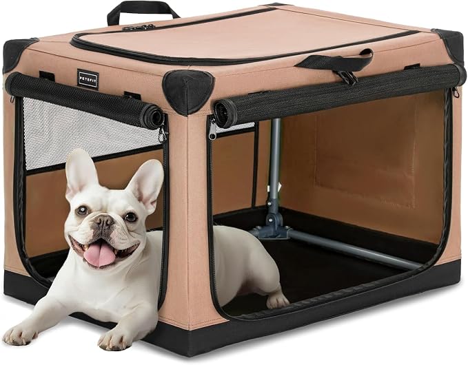 PETSFIT 26" Soft Portable Dog Crate – Patented Spiral Sturdy Frame, Collapsible Travel Kennel for Small Dogs, 3 Mesh Door, Lockable Zippers, Indoor & Car Use Khaki by Petsfit