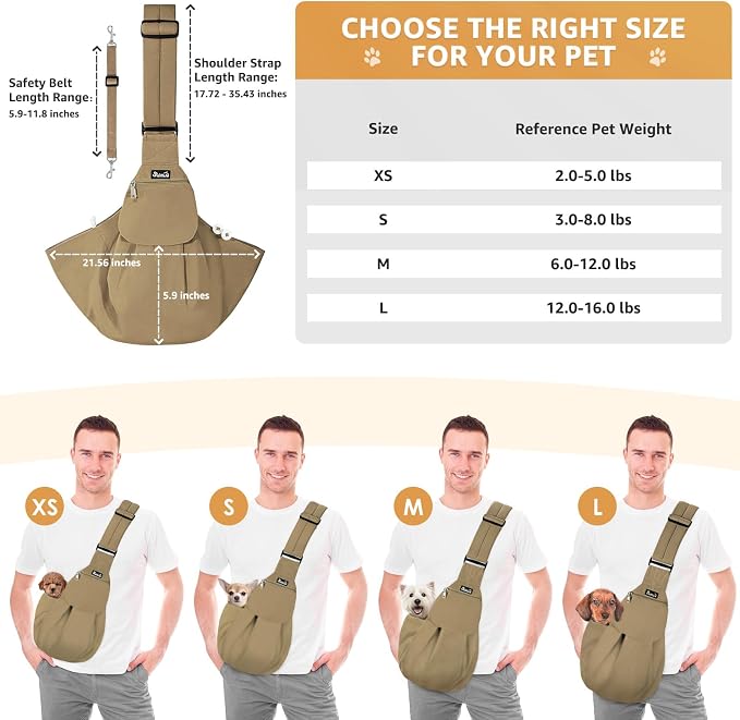 SlowTon Dog Carrier Sling - Thick Padded Shoulder Strap Adjustable, Brown M | Dog Carriers for Small Dogs, Puppy Carrier Purse for Pet Cat with Front Zipper Pocket Safety Belt Machine Washable - Image 6