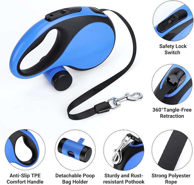 Segarty 16 Ft Retractable Dog Leash with Detachable Poop Bag Holder, 5m Walking Leash for Pets up to 66 lbs, 360°Tangle-Free Dog Lead with Anti-Slip Handle & One-Handed Brake Pause Lock for Outdoors - Image 3