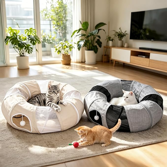 Ownpets Collapsible Cat Tunnel Toy - 2-in-1 Interactive Play Tunnel for Cat up to 18 lbs, Tear-Resistant Mesh, Fold to 2 Inches Thick, Portable Cat Exercise & Entertainment Tunnel, 10" Diameter, Grey - Image 8