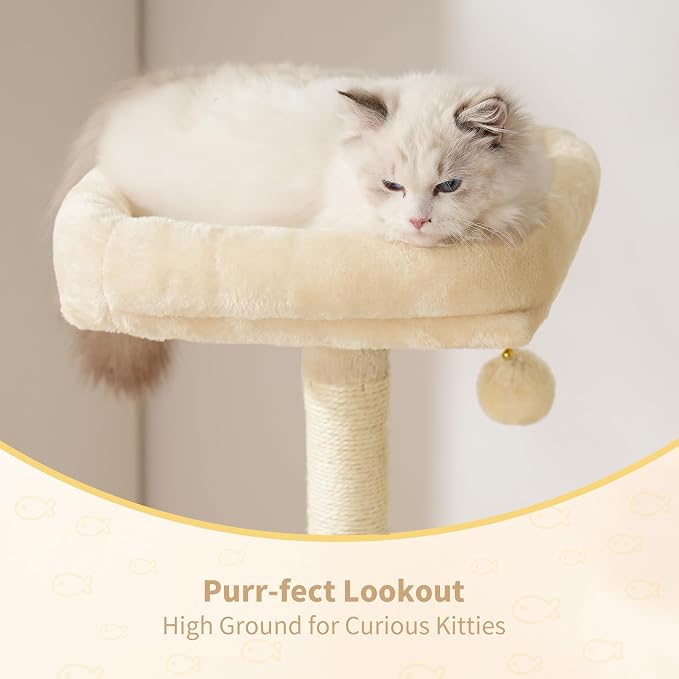 Heybly Cat Tree with Toy, 49.2 inch Cat Tower for Indoor Cats HCT200SM | Spacious Cat House Condo with Hidden Space，Soft Plush Top Perch，Cozy Hammock and Sisal Scratching Posts, Beige - Image 5