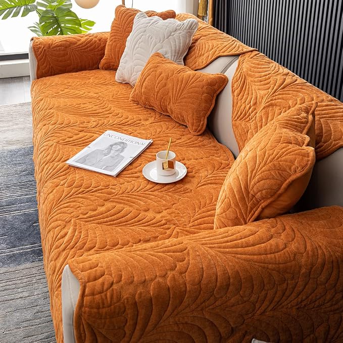 Couch Covers Plush Quilted Sofa Covers for Sectional Sofa Washable | Palm Leaves Couch Cover Chenille Non Slip Sofa Covers Soft Sofa Slipcover Furniture Protector for Pets Kids Children Dogs Cat - Image 6