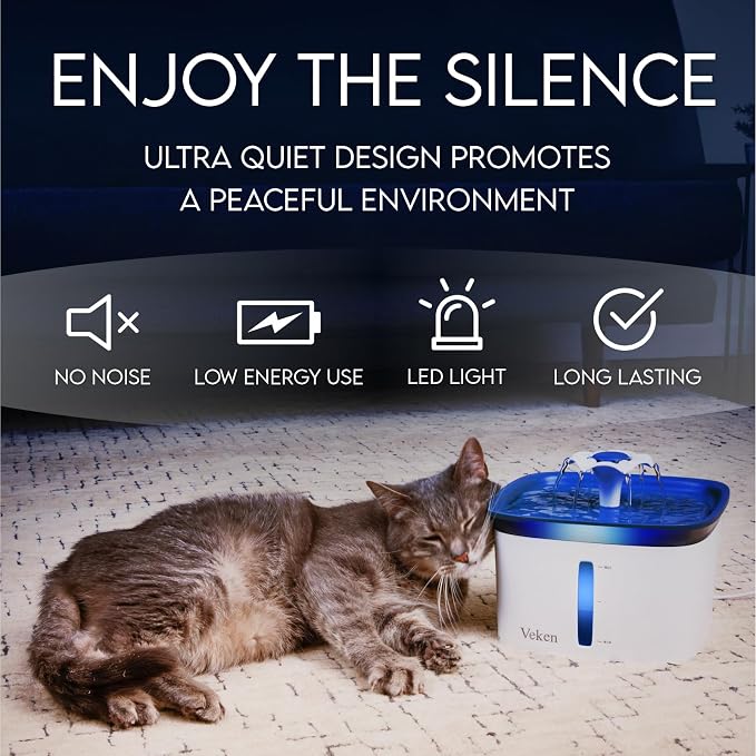 Veken Innovation Award Winner 95oz/2.8L Cat Water Fountain | Automatic Pet Fountain Dog Water Dispenser with 6 Replacement Filters & Silicone Mat for Cats, Dogs (Blue, Plastic) - Image 6