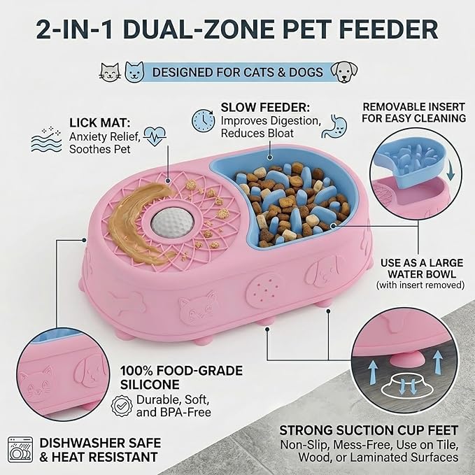 Slow Feeder Dog Bowl with Lick Mat, 2 in 1 Silicone Feeding Bowl | Promotes Healthy Eating Habits and Engaging Mealtime Experience - Image 2