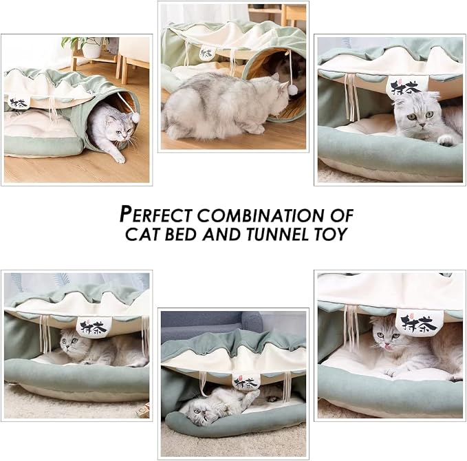 EAEDMY Cat Rabbit Tunnel Bed Nest for Cats Indoor, with Collapsible Washable Soft Cushion, Plush Ball and Exercise Wheel Tube, Fit for Puppy Bunny Kitty Kitten Ferret - Image 4