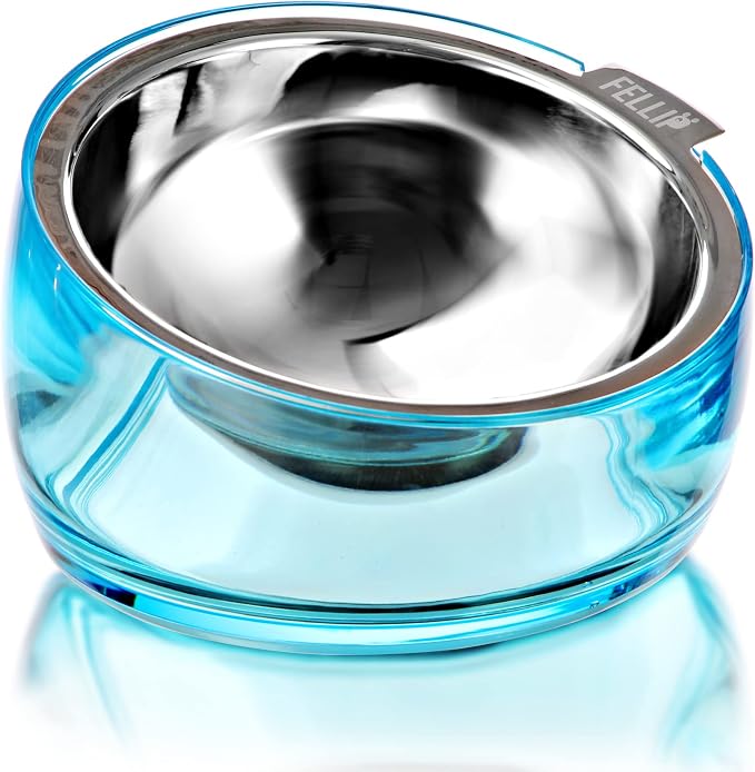 Felli Pet Oblik Acrylic Raised Dog Food Water Bowl Stainless Steel Slanted Oval Dish for Short Leg Puppy & Small Medium Pet, Elevated Tilted Metal Feeder (Sapphire, 1.5 Cups Oval Dish) by Felli