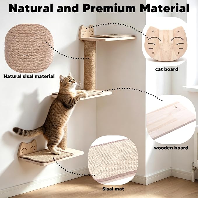 3-in-1 Cat Wall Shelves, Reversible Cat Wall Steps & Sisal Mat | Jute Scratching Post, Solid Pine Wood Cat Wall Furniture, Corner Cat Stairs for Climb Nap Scratch, Fits 16" Stud Drywall - Image 4